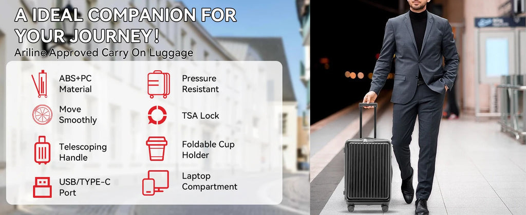20 inch Front Opening Spinner Wheel Rolling Travel Luggage With TSA Combination Lock Cup Holder USB Charge Boarding Trolley Case