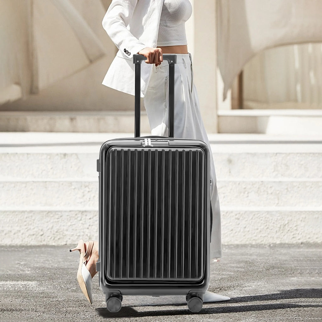 20 inch Front Opening Spinner Wheel Rolling Travel Luggage With TSA Combination Lock Cup Holder USB Charge Boarding Trolley Case