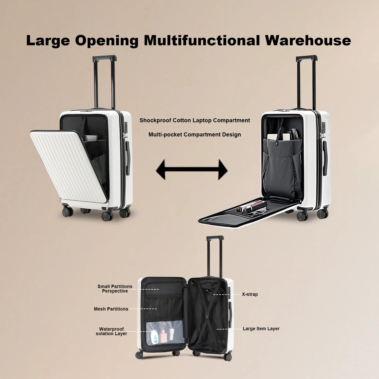 20 inch Front Opening Spinner Wheel Rolling Travel Luggage With TSA Combination Lock Cup Holder USB Charge Boarding Trolley Case