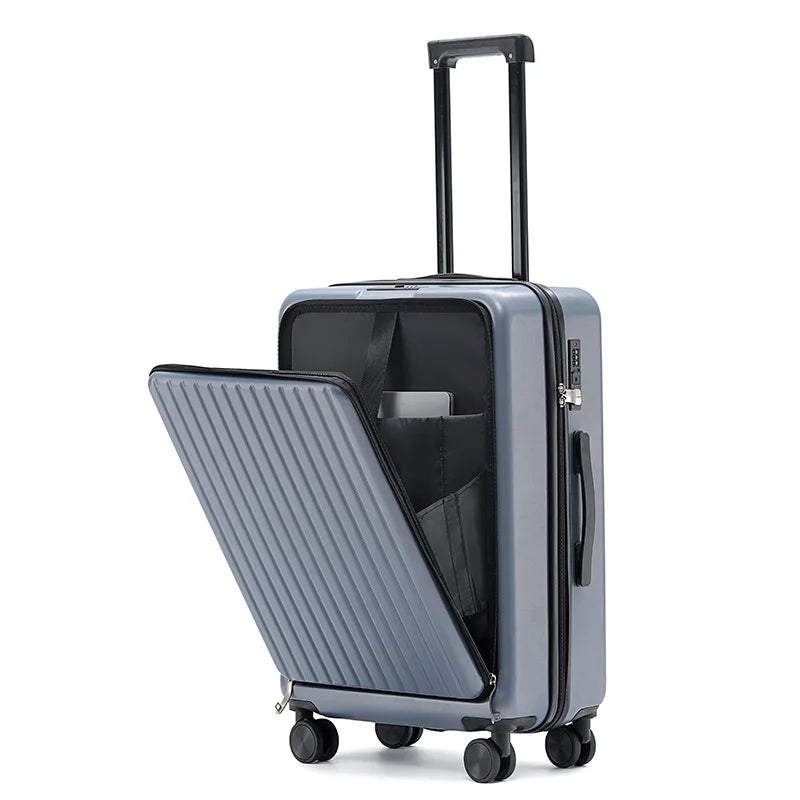 20 inch Front Opening Spinner Wheel Rolling Travel Luggage With TSA Combination Lock Cup Holder USB Charge Boarding Trolley Case