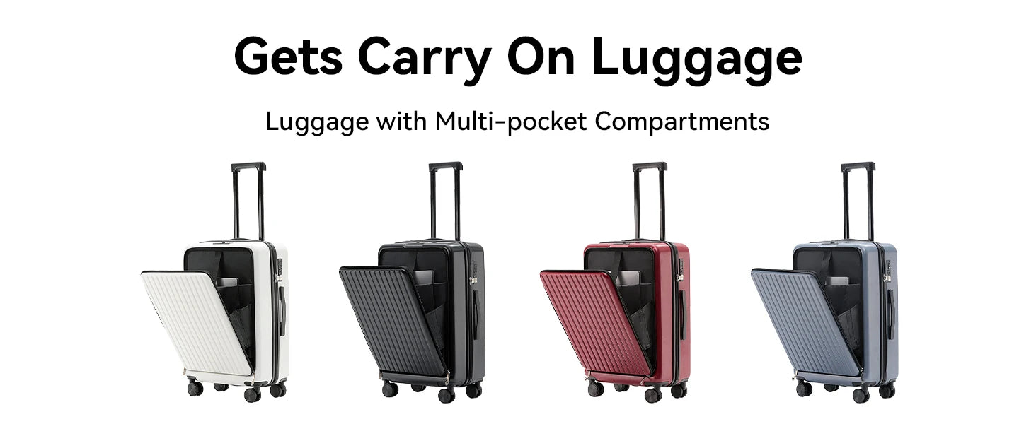 20 inch Front Opening Spinner Wheel Rolling Travel Luggage With TSA Combination Lock Cup Holder USB Charge Boarding Trolley Case