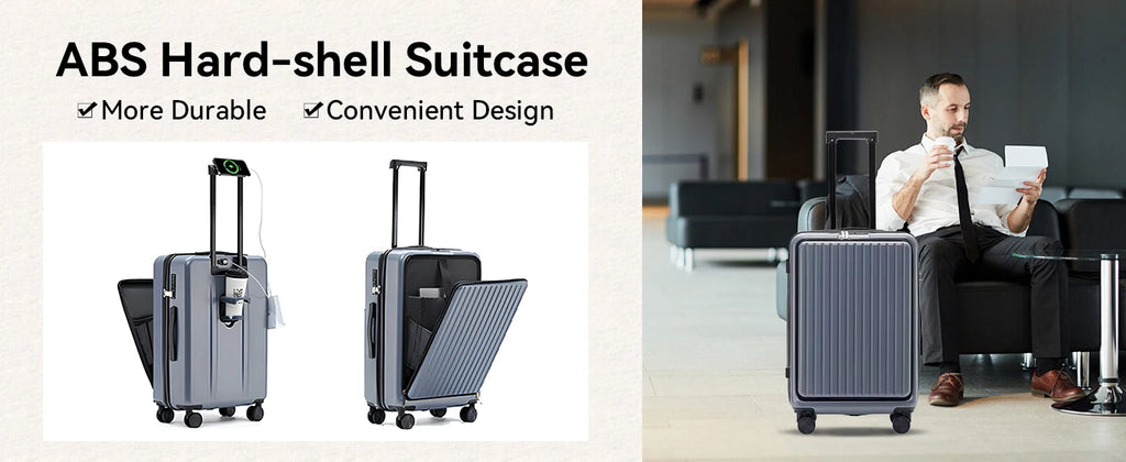 20 inch Front Opening Spinner Wheel Rolling Travel Luggage With TSA Combination Lock Cup Holder USB Charge Boarding Trolley Case