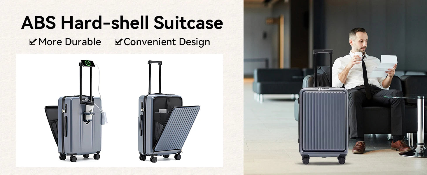 20 inch Front Opening Spinner Wheel Rolling Travel Luggage With TSA Combination Lock Cup Holder USB Charge Boarding Trolley Case
