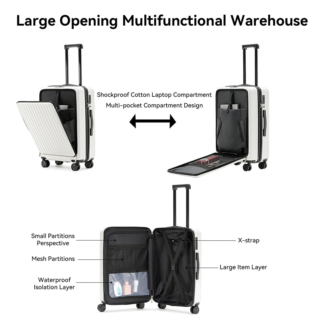 20 inch Front Opening Spinner Wheel Rolling Travel Luggage With TSA Combination Lock Cup Holder USB Charge Boarding Trolley Case