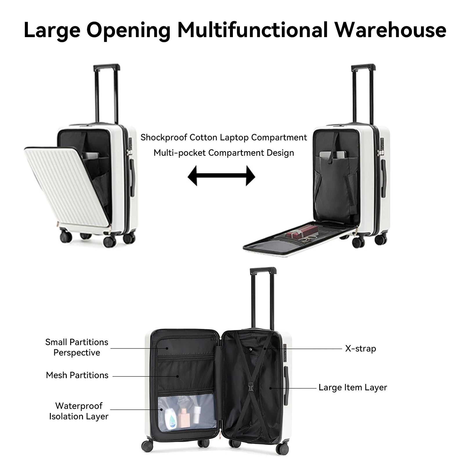 20 inch Front Opening Spinner Wheel Rolling Travel Luggage With TSA Combination Lock Cup Holder USB Charge Boarding Trolley Case