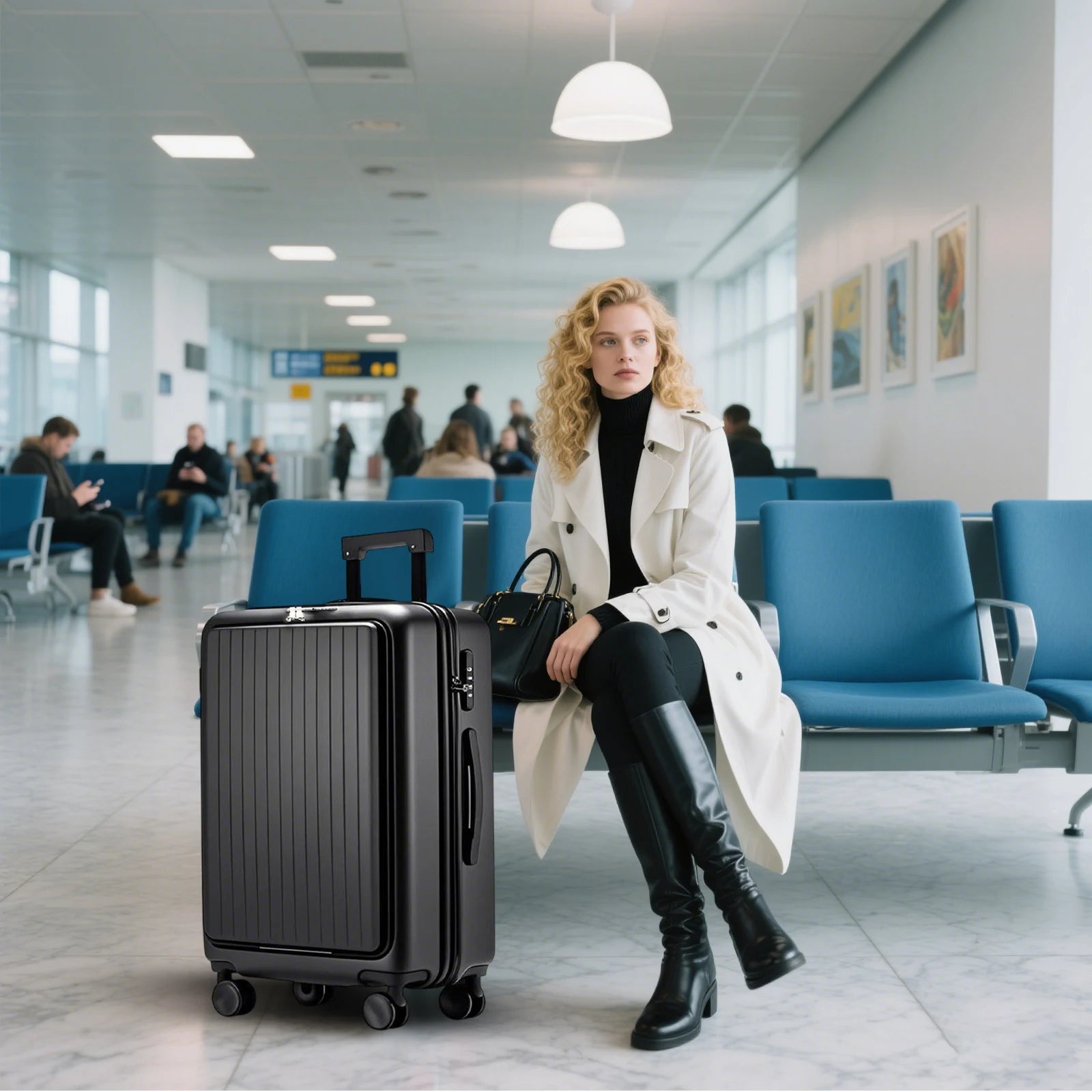 20 inch Front Opening Spinner Wheel Rolling Travel Luggage With TSA Combination Lock Cup Holder USB Charge Boarding Trolley Case