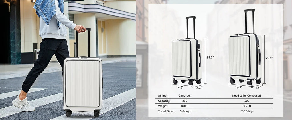 20 inch Front Opening Spinner Wheel Rolling Travel Luggage With TSA Combination Lock Cup Holder USB Charge Boarding Trolley Case