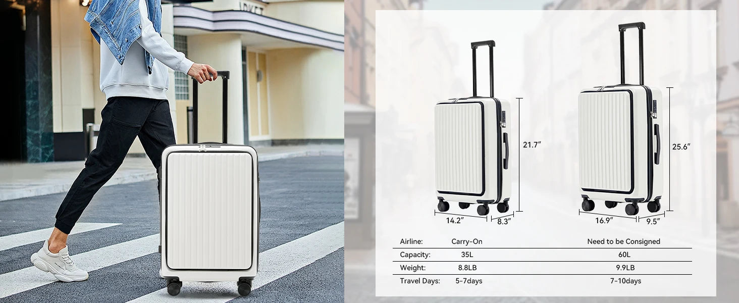 20 inch Front Opening Spinner Wheel Rolling Travel Luggage With TSA Combination Lock Cup Holder USB Charge Boarding Trolley Case