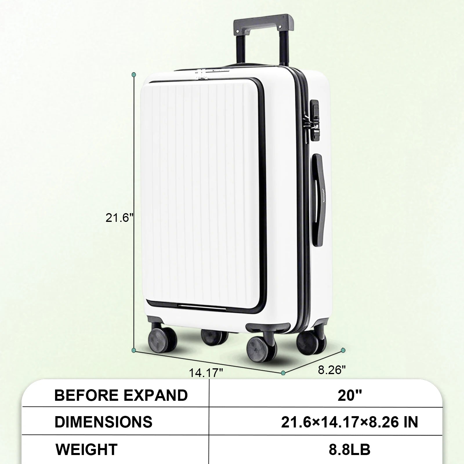 20 inch Front Opening Spinner Wheel Rolling Travel Luggage With TSA Combination Lock Cup Holder USB Charge Boarding Trolley Case