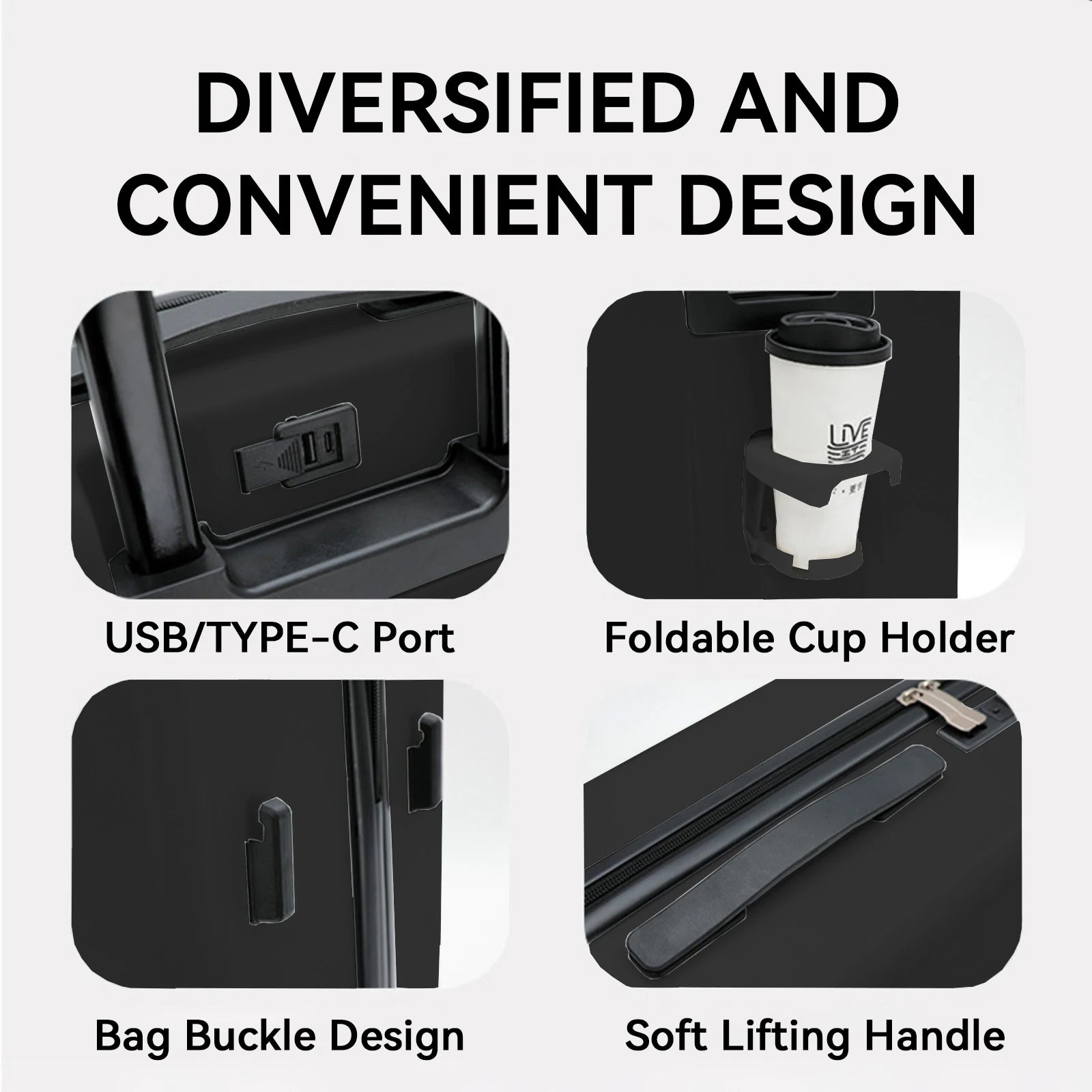 20 inch Front Opening Spinner Wheel Rolling Travel Luggage With TSA Combination Lock Cup Holder USB Charge Boarding Trolley Case