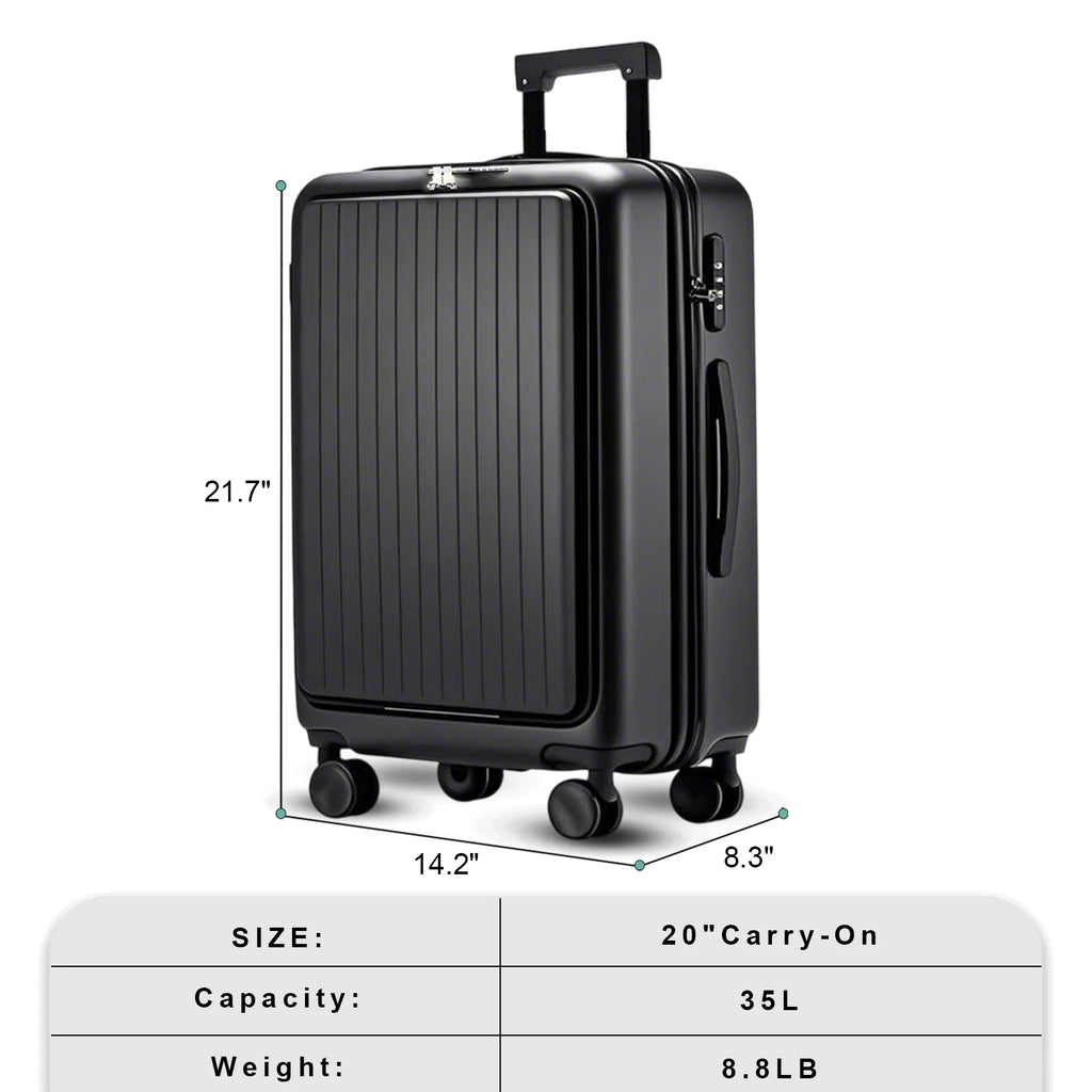 20 inch Front Opening Spinner Wheel Rolling Travel Luggage With TSA Combination Lock Cup Holder USB Charge Boarding Trolley Case