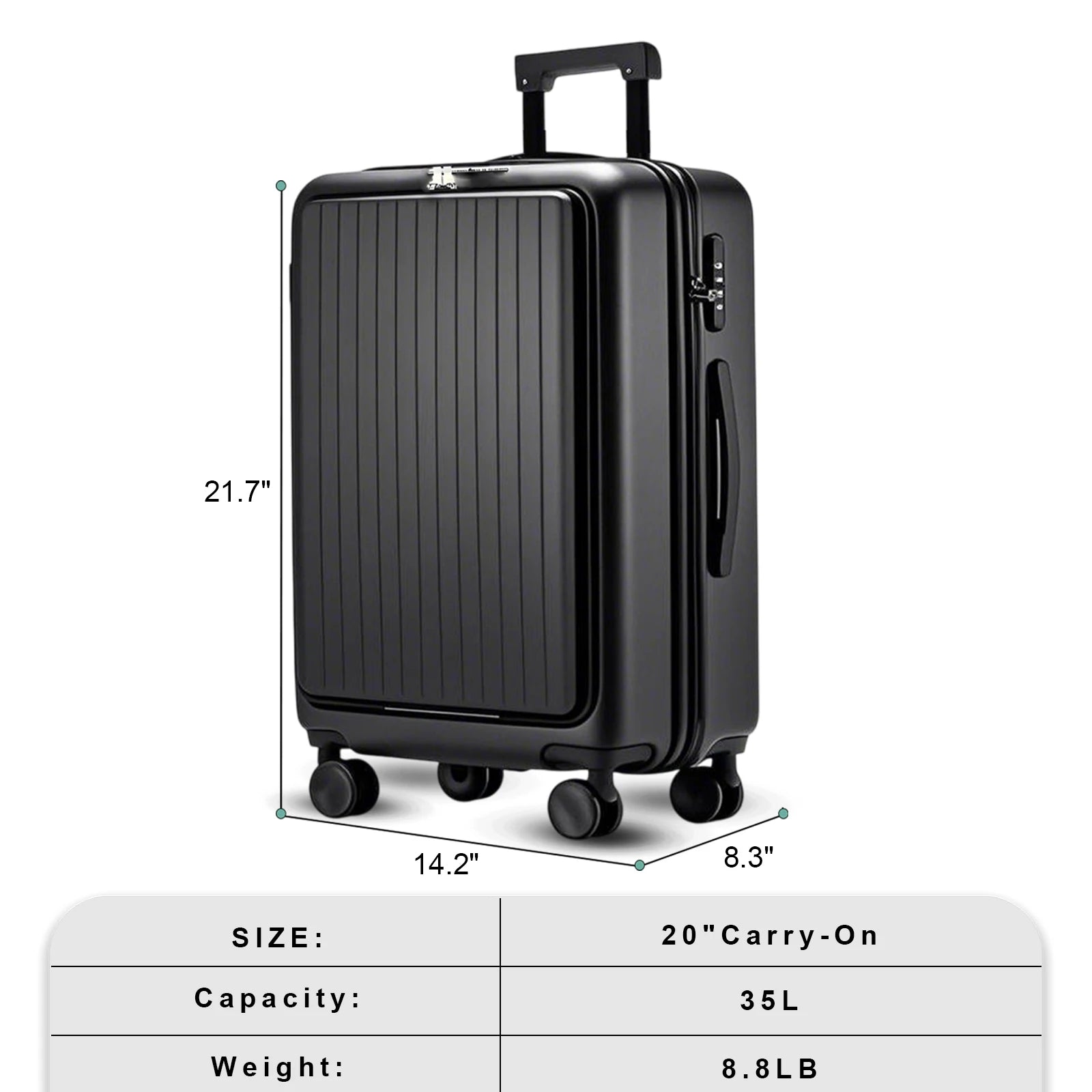 20 inch Front Opening Spinner Wheel Rolling Travel Luggage With TSA Combination Lock Cup Holder USB Charge Boarding Trolley Case