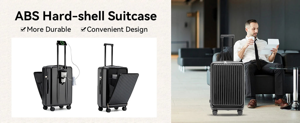 20 inch Front Opening Spinner Wheel Rolling Travel Luggage With TSA Combination Lock Cup Holder USB Charge Boarding Trolley Case