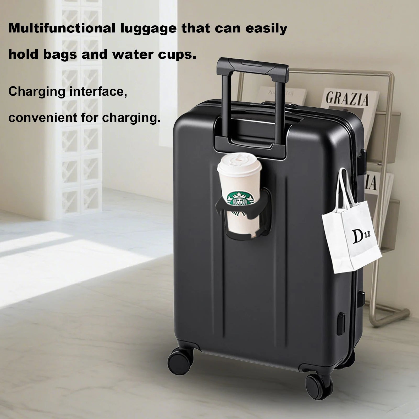 20 inch Front Opening Spinner Wheel Rolling Travel Luggage With TSA Combination Lock Cup Holder USB Charge Boarding Trolley Case