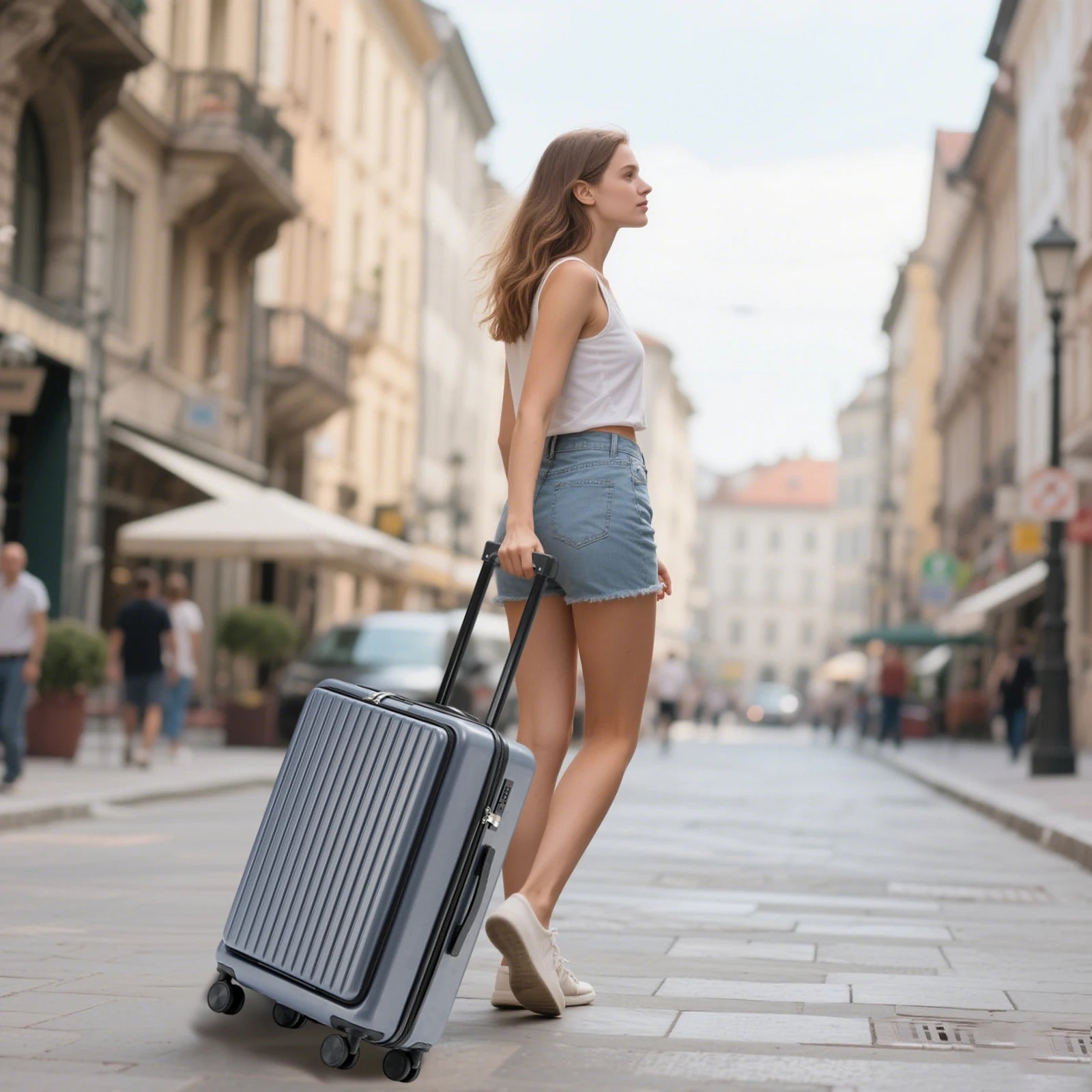 20 inch Front Opening Spinner Wheel Rolling Travel Luggage With TSA Combination Lock Cup Holder USB Charge Boarding Trolley Case