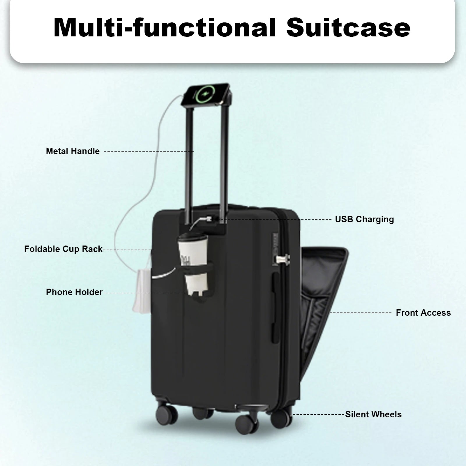20 inch Front Opening Spinner Wheel Rolling Travel Luggage With TSA Combination Lock Cup Holder USB Charge Boarding Trolley Case
