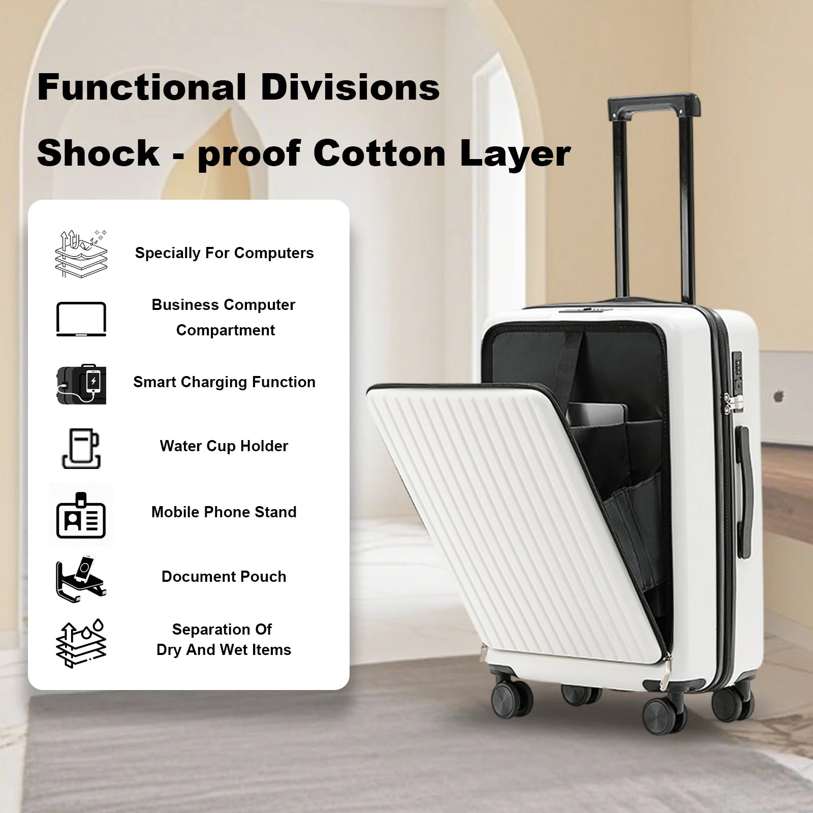 20 inch Front Opening Spinner Wheel Rolling Travel Luggage With TSA Combination Lock Cup Holder USB Charge Boarding Trolley Case