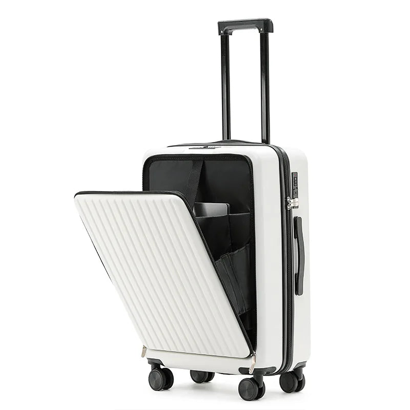 20 inch Front Opening Spinner Wheel Rolling Travel Luggage With TSA Combination Lock Cup Holder USB Charge Boarding Trolley Case