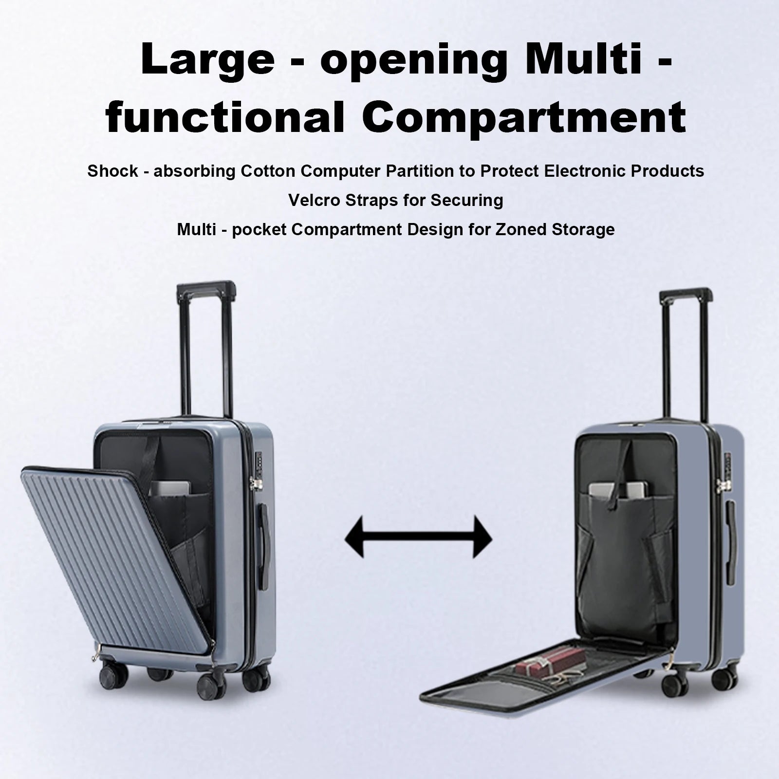 20 inch Front Opening Spinner Wheel Rolling Travel Luggage With TSA Combination Lock Cup Holder USB Charge Boarding Trolley Case