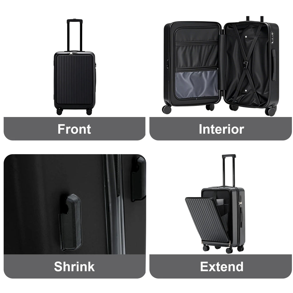 20 inch Front Opening Spinner Wheel Rolling Travel Luggage With TSA Combination Lock Cup Holder USB Charge Boarding Trolley Case