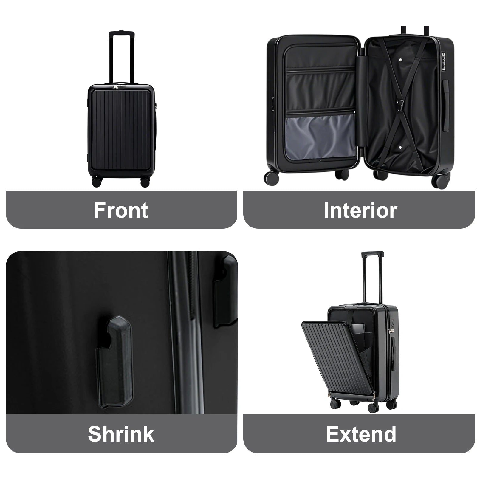 20 inch Front Opening Spinner Wheel Rolling Travel Luggage With TSA Combination Lock Cup Holder USB Charge Boarding Trolley Case