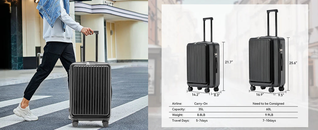 20 inch Front Opening Spinner Wheel Rolling Travel Luggage With TSA Combination Lock Cup Holder USB Charge Boarding Trolley Case