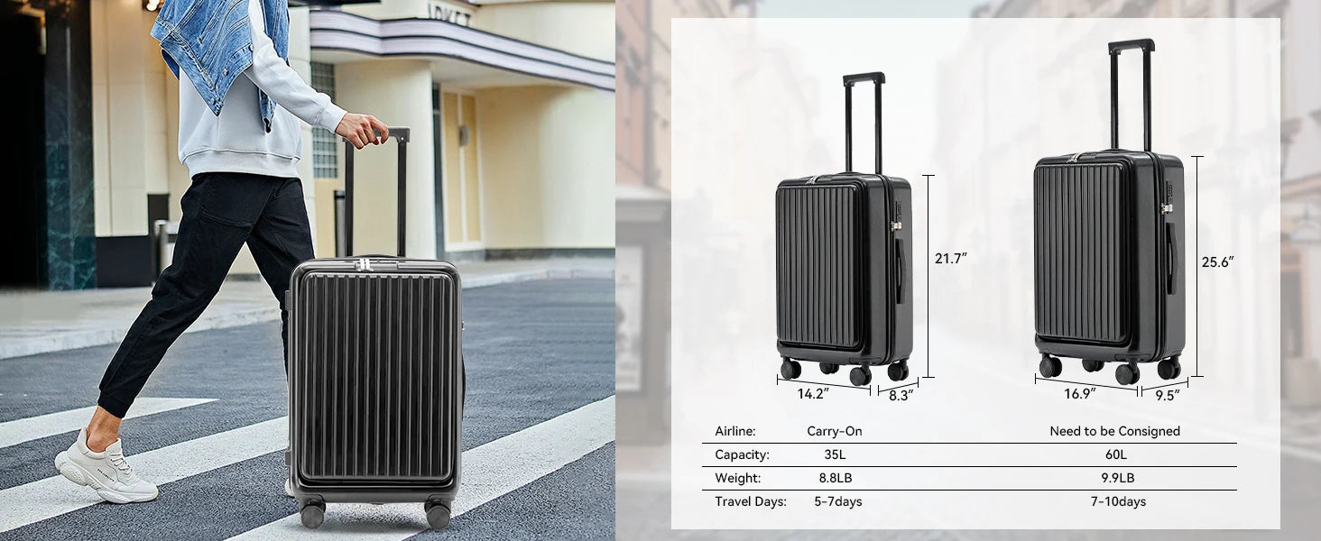 20 inch Front Opening Spinner Wheel Rolling Travel Luggage With TSA Combination Lock Cup Holder USB Charge Boarding Trolley Case