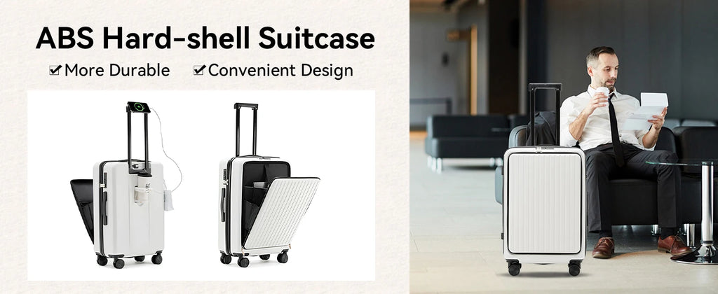 20 inch Front Opening Spinner Wheel Rolling Travel Luggage With TSA Combination Lock Cup Holder USB Charge Boarding Trolley Case