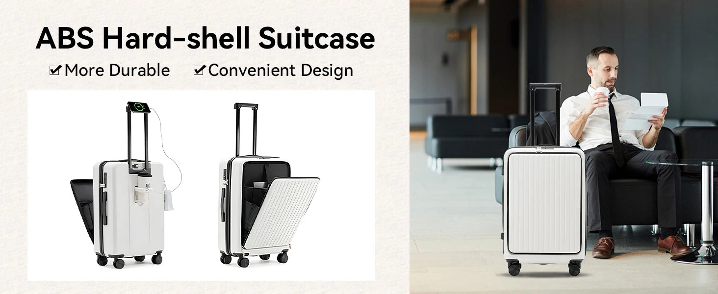 20 inch Front Opening Spinner Wheel Rolling Travel Luggage With TSA Combination Lock Cup Holder USB Charge Boarding Trolley Case