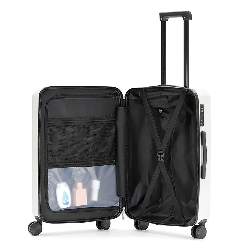 20 inch Front Opening Spinner Wheel Rolling Travel Luggage With TSA Combination Lock Cup Holder USB Charge Boarding Trolley Case