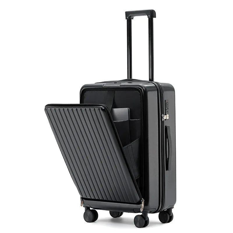 20 inch Front Opening Spinner Wheel Rolling Travel Luggage With TSA Combination Lock Cup Holder USB Charge Boarding Trolley Case