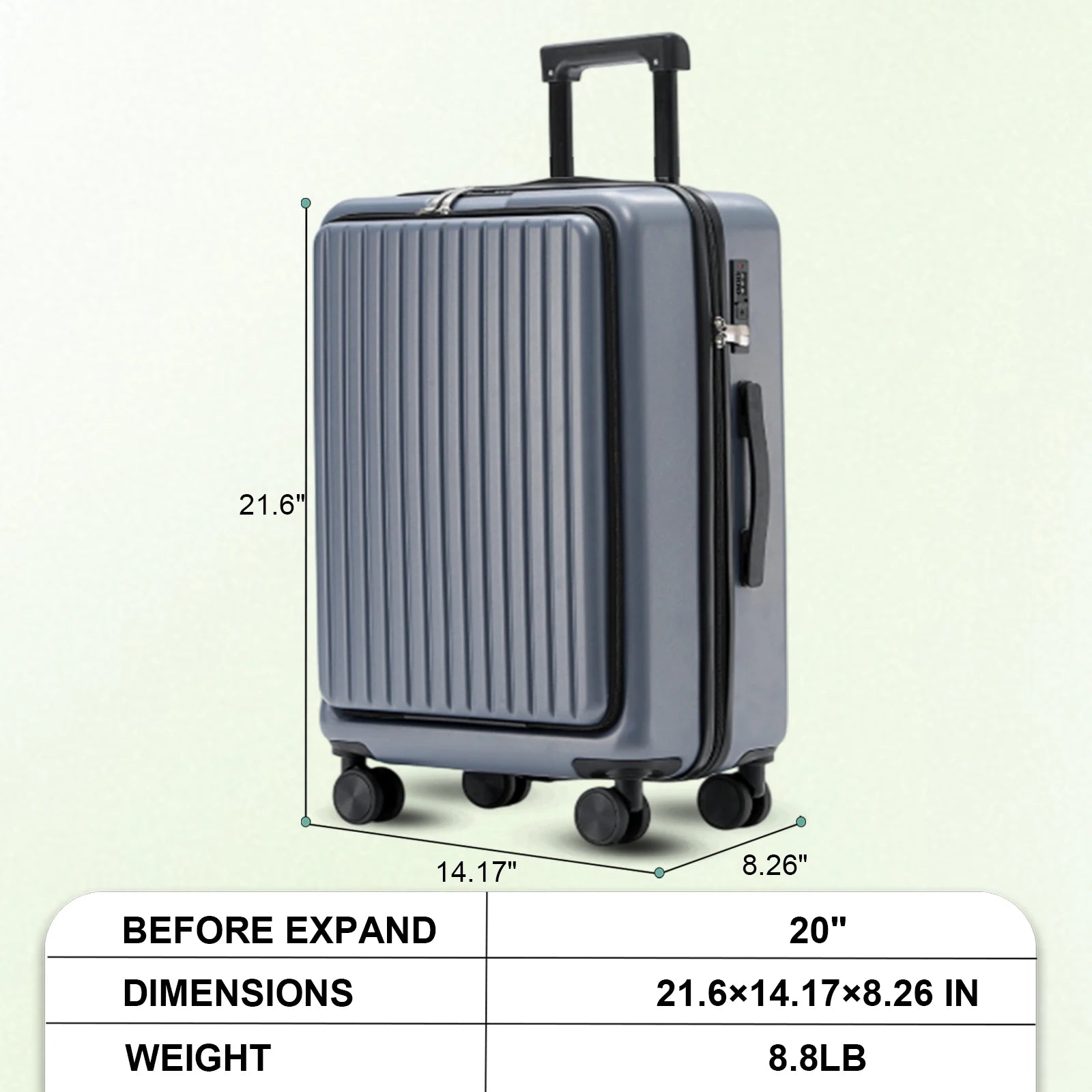 20 inch Front Opening Spinner Wheel Rolling Travel Luggage With TSA Combination Lock Cup Holder USB Charge Boarding Trolley Case