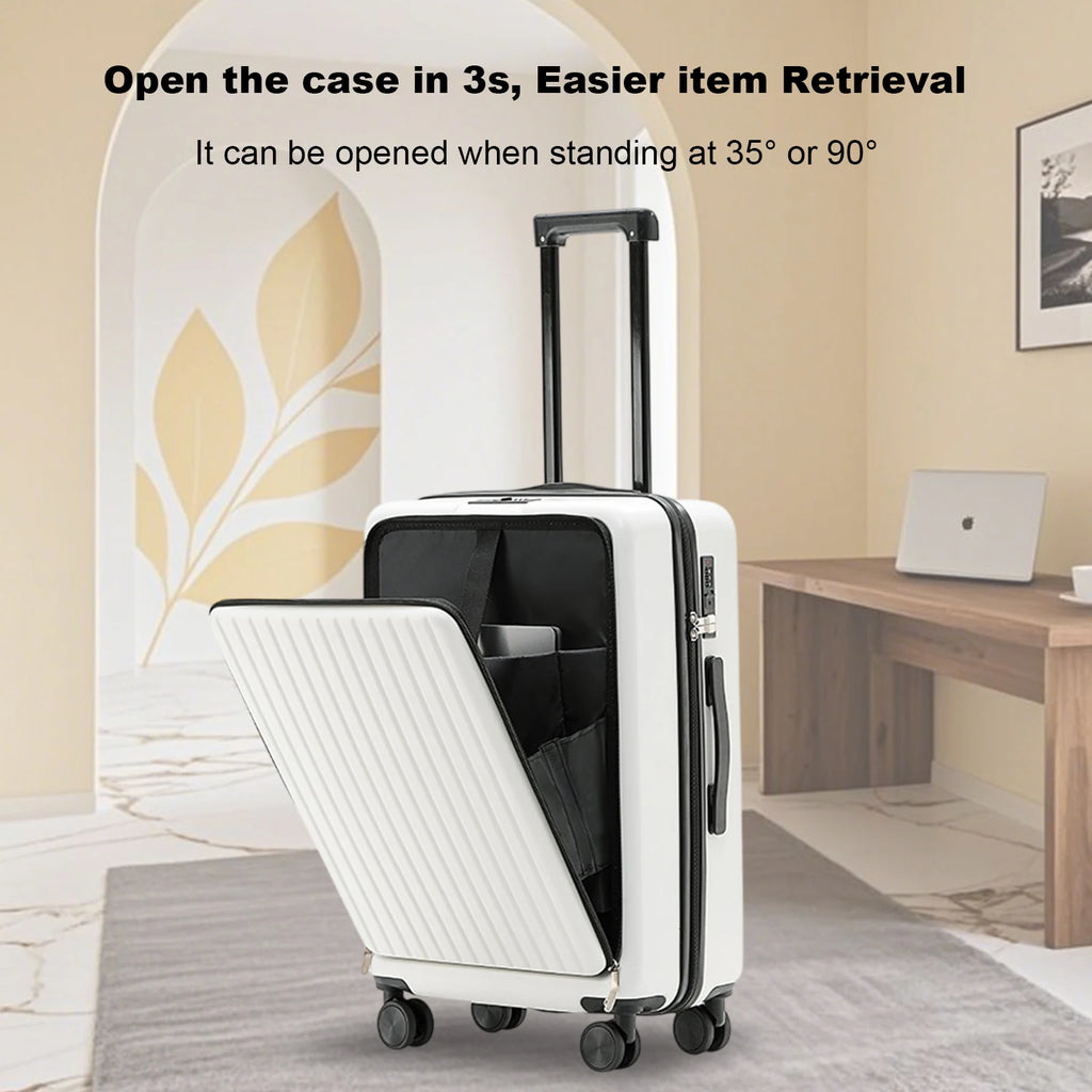 20 inch Front Opening Spinner Wheel Rolling Travel Luggage With TSA Combination Lock Cup Holder USB Charge Boarding Trolley Case