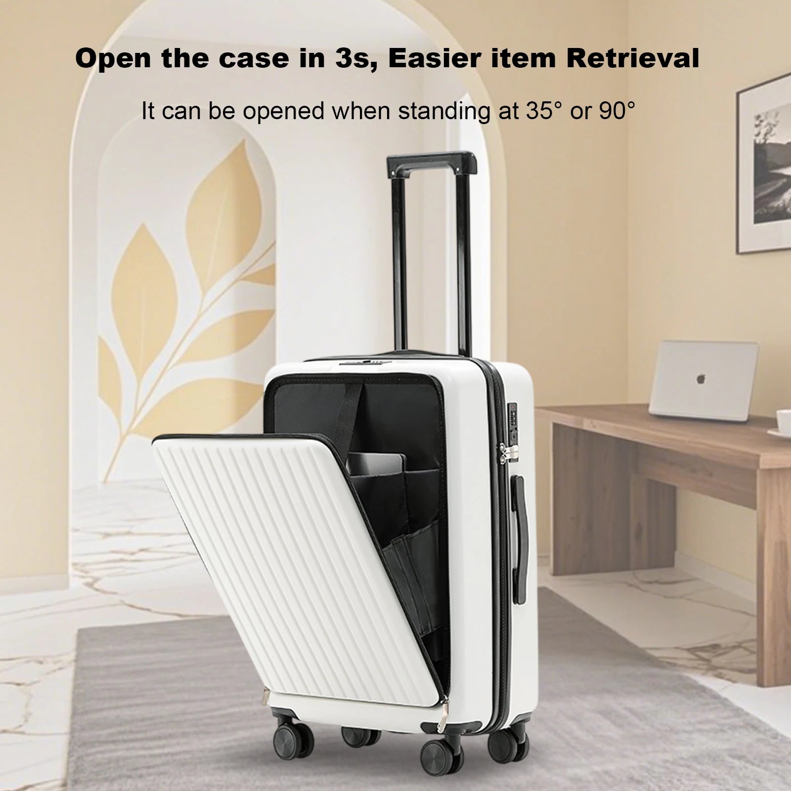 20 inch Front Opening Spinner Wheel Rolling Travel Luggage With TSA Combination Lock Cup Holder USB Charge Boarding Trolley Case