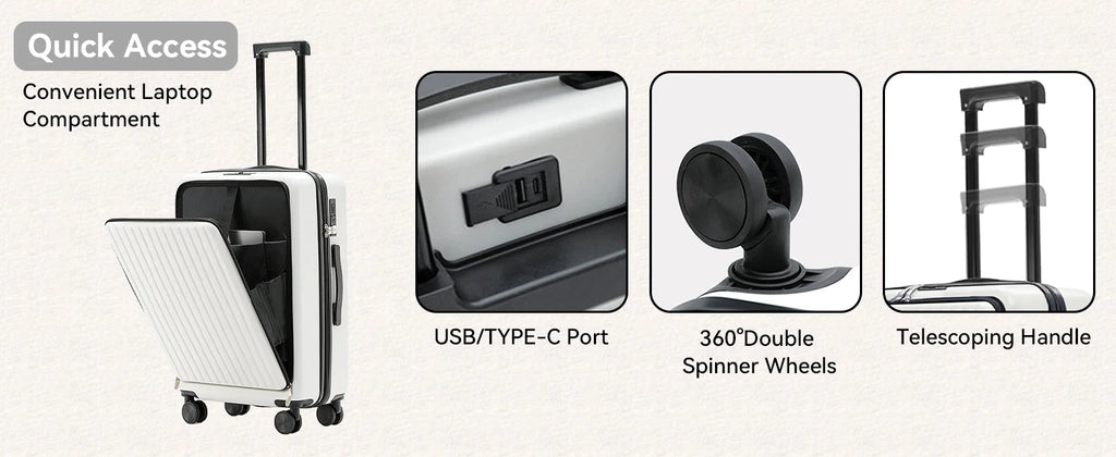 20 inch Front Opening Spinner Wheel Rolling Travel Luggage With TSA Combination Lock Cup Holder USB Charge Boarding Trolley Case