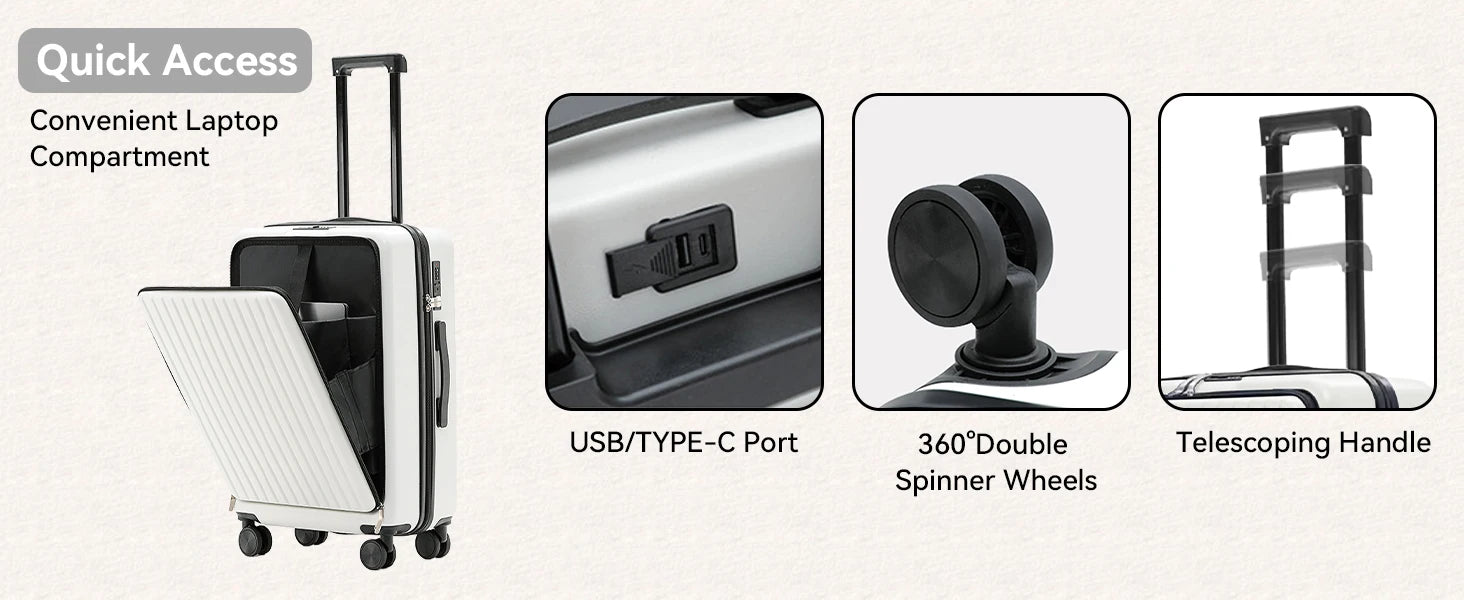 20 inch Front Opening Spinner Wheel Rolling Travel Luggage With TSA Combination Lock Cup Holder USB Charge Boarding Trolley Case