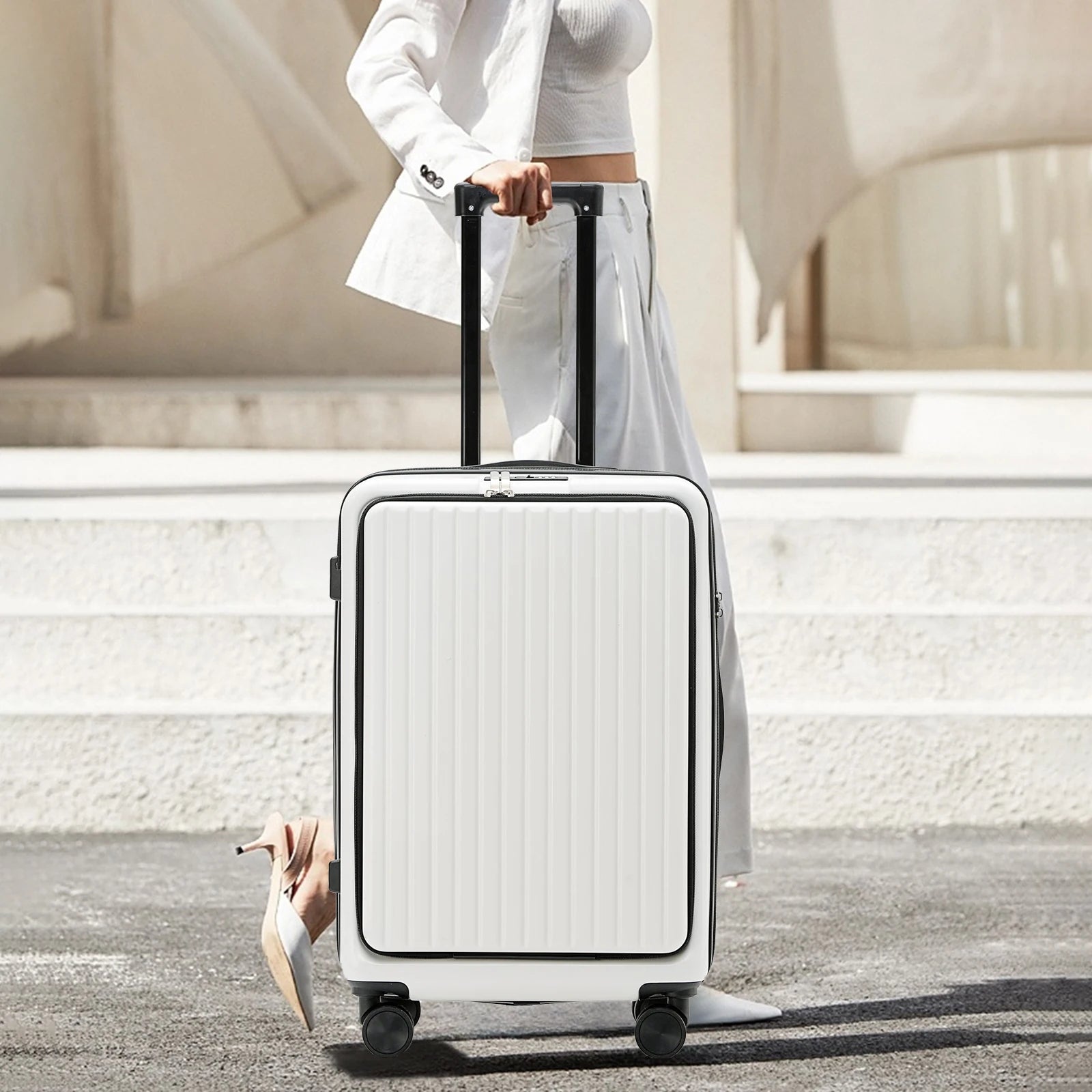 20 inch Front Opening Spinner Wheel Rolling Travel Luggage With TSA Combination Lock Cup Holder USB Charge Boarding Trolley Case