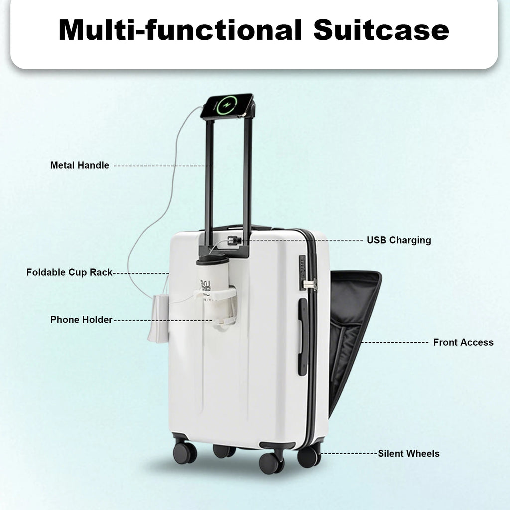 20 inch Front Opening Spinner Wheel Rolling Travel Luggage With TSA Combination Lock Cup Holder USB Charge Boarding Trolley Case