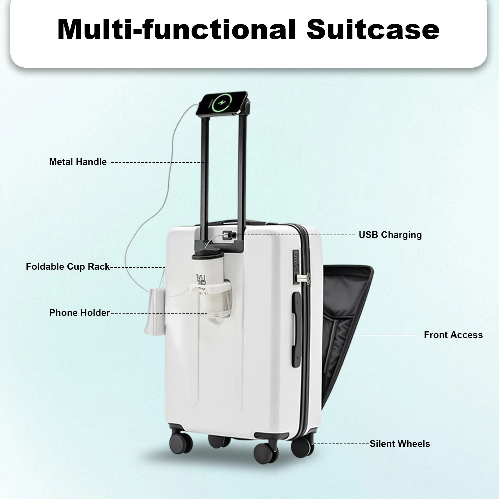 20 inch Front Opening Spinner Wheel Rolling Travel Luggage With TSA Combination Lock Cup Holder USB Charge Boarding Trolley Case