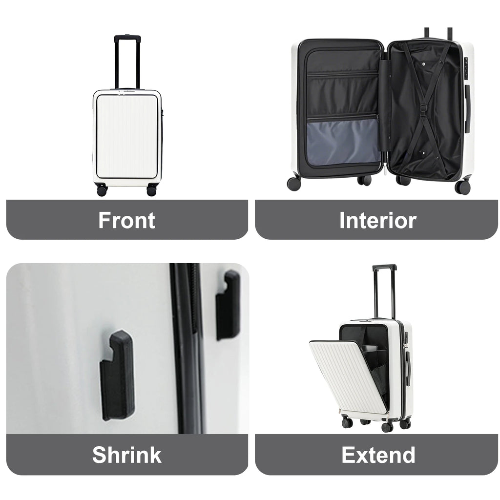 20 inch Front Opening Spinner Wheel Rolling Travel Luggage With TSA Combination Lock Cup Holder USB Charge Boarding Trolley Case