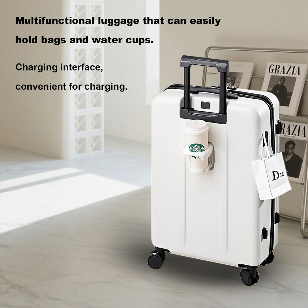 20 inch Front Opening Spinner Wheel Rolling Travel Luggage With TSA Combination Lock Cup Holder USB Charge Boarding Trolley Case