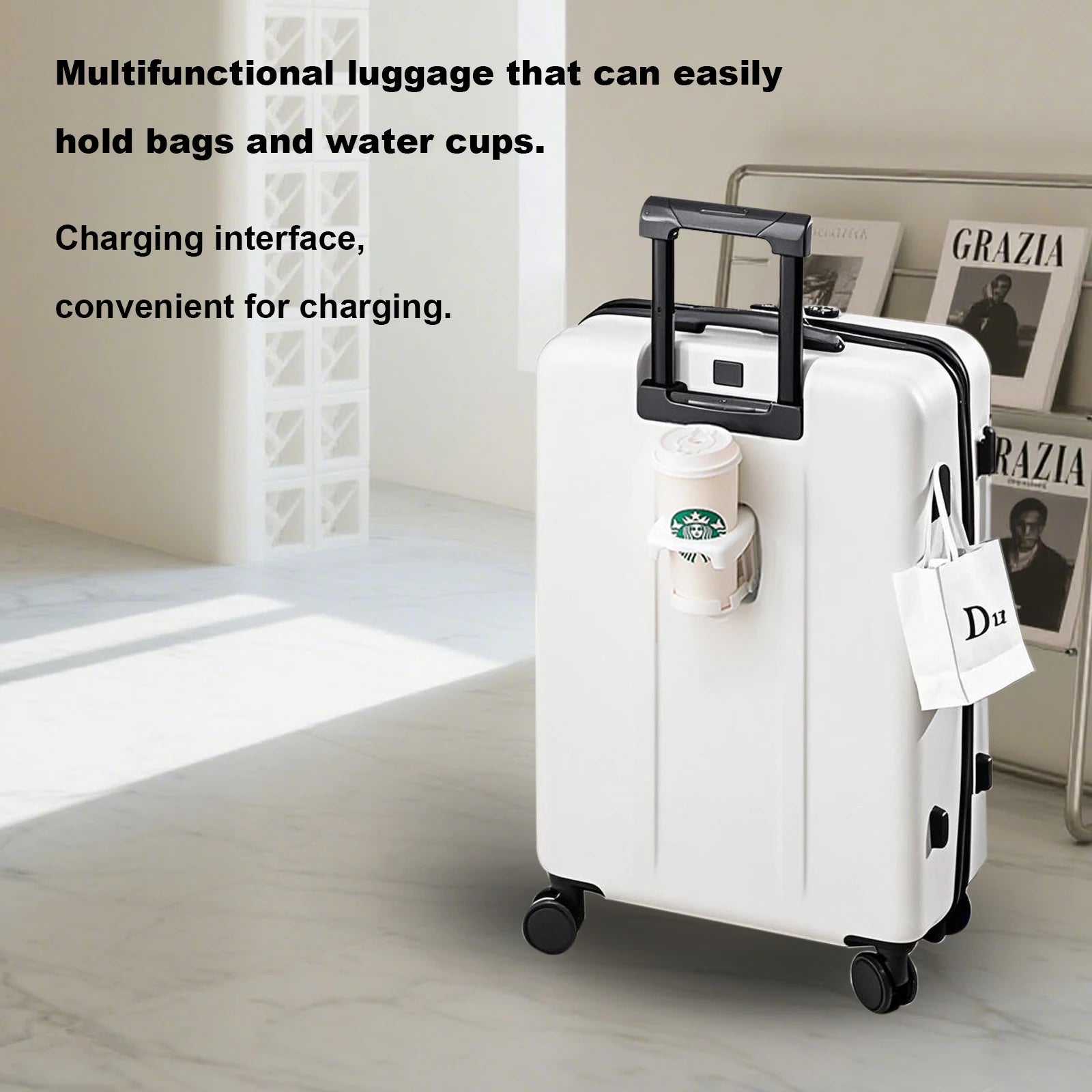 20 inch Front Opening Spinner Wheel Rolling Travel Luggage With TSA Combination Lock Cup Holder USB Charge Boarding Trolley Case