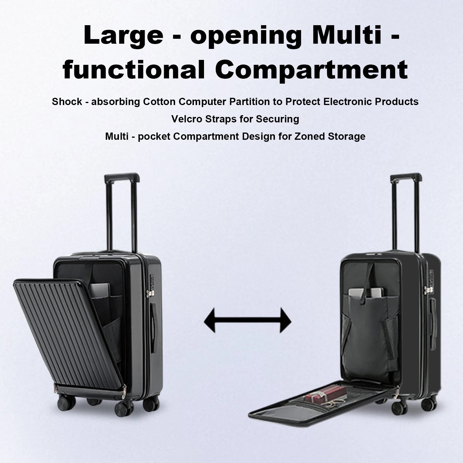 20 inch Front Opening Spinner Wheel Rolling Travel Luggage With TSA Combination Lock Cup Holder USB Charge Boarding Trolley Case